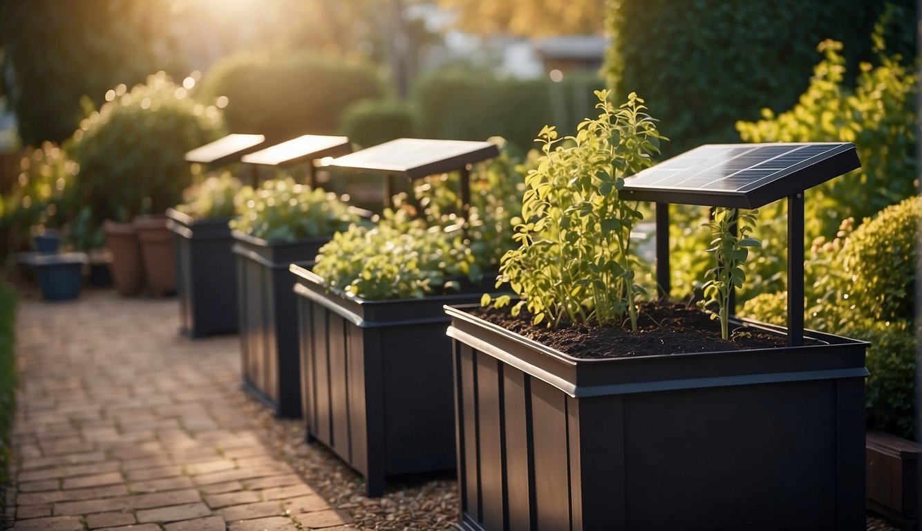 A garden with recycled planters, a compost bin, and solar-powered lights