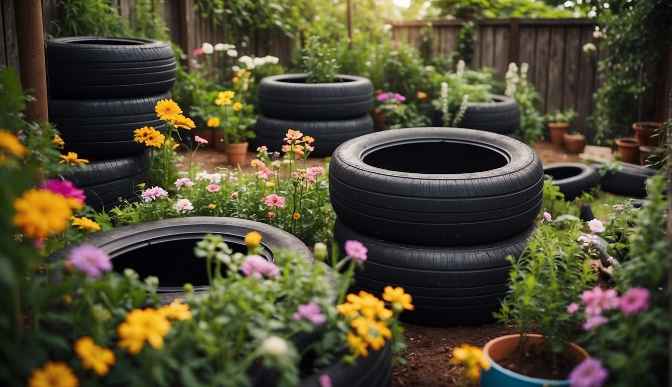 A garden made of recycled tires, with colorful flowers and plants growing inside each one. A rainwater collection system is also present, with gutters leading to large barrels for storage