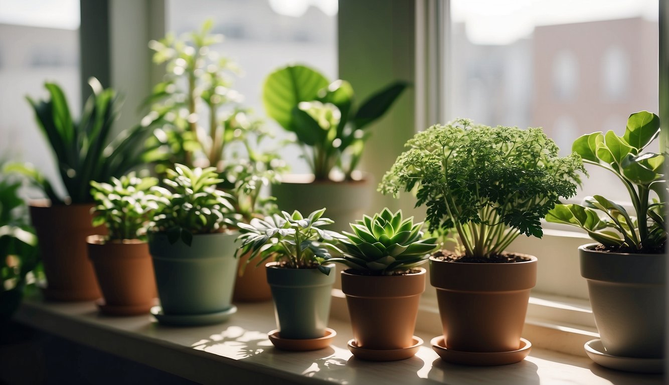 Lush green houseplants arranged on a sunny windowsill, purifying the air in a cozy apartment