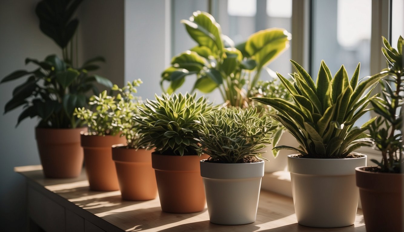 Several potted plants strategically placed around a modern apartment, with sunlight streaming in through the windows, creating a peaceful and fresh atmosphere
