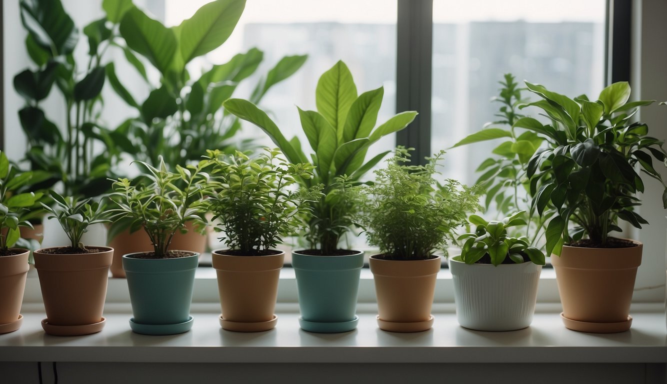Various apartment scenes with different air purifying plants in pots. Plants are labeled with "Frequently Asked Questions" about care