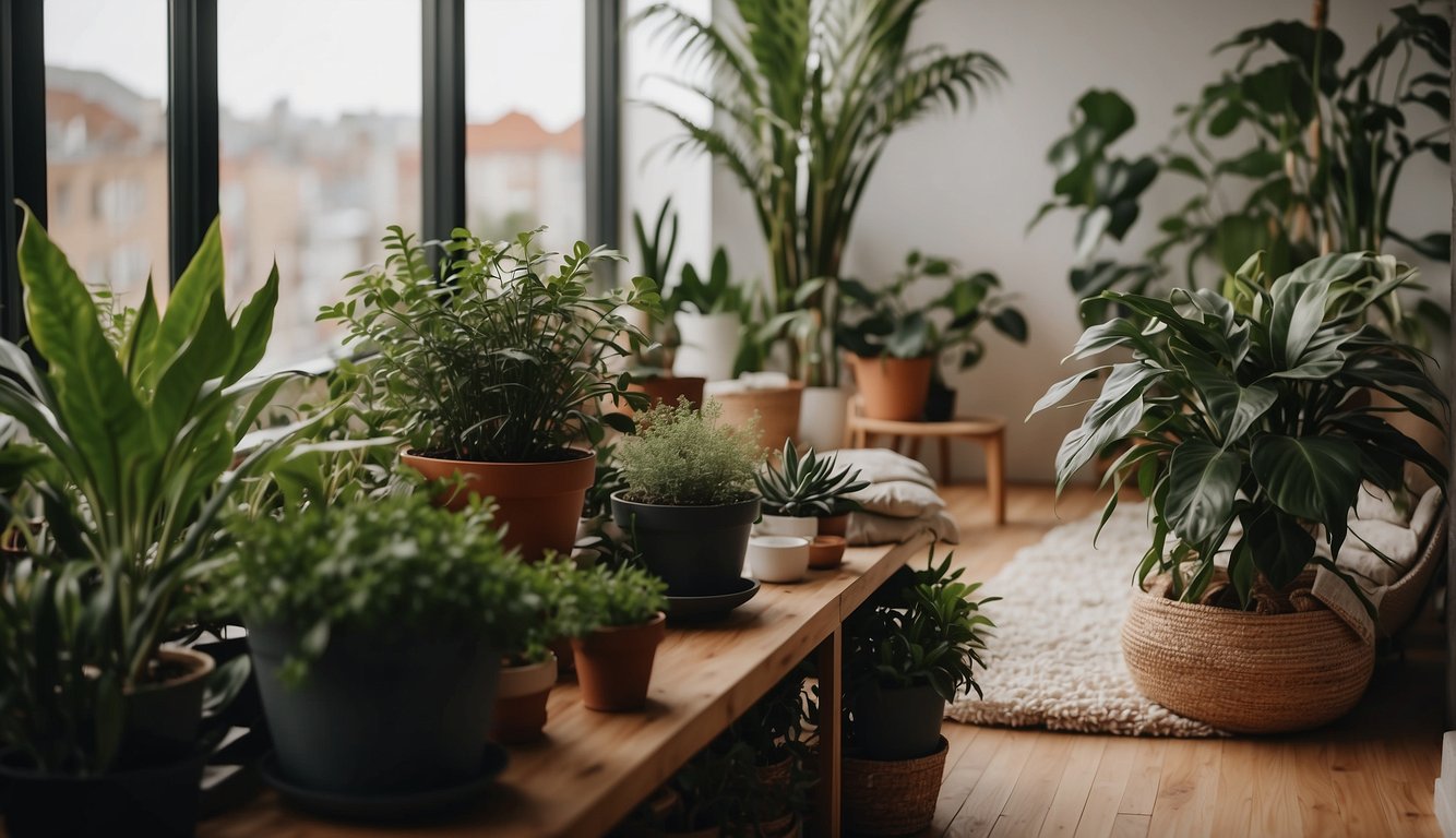 A cozy apartment with various air-purifying plants placed strategically around the room, adding a touch of greenery and freshness to the space