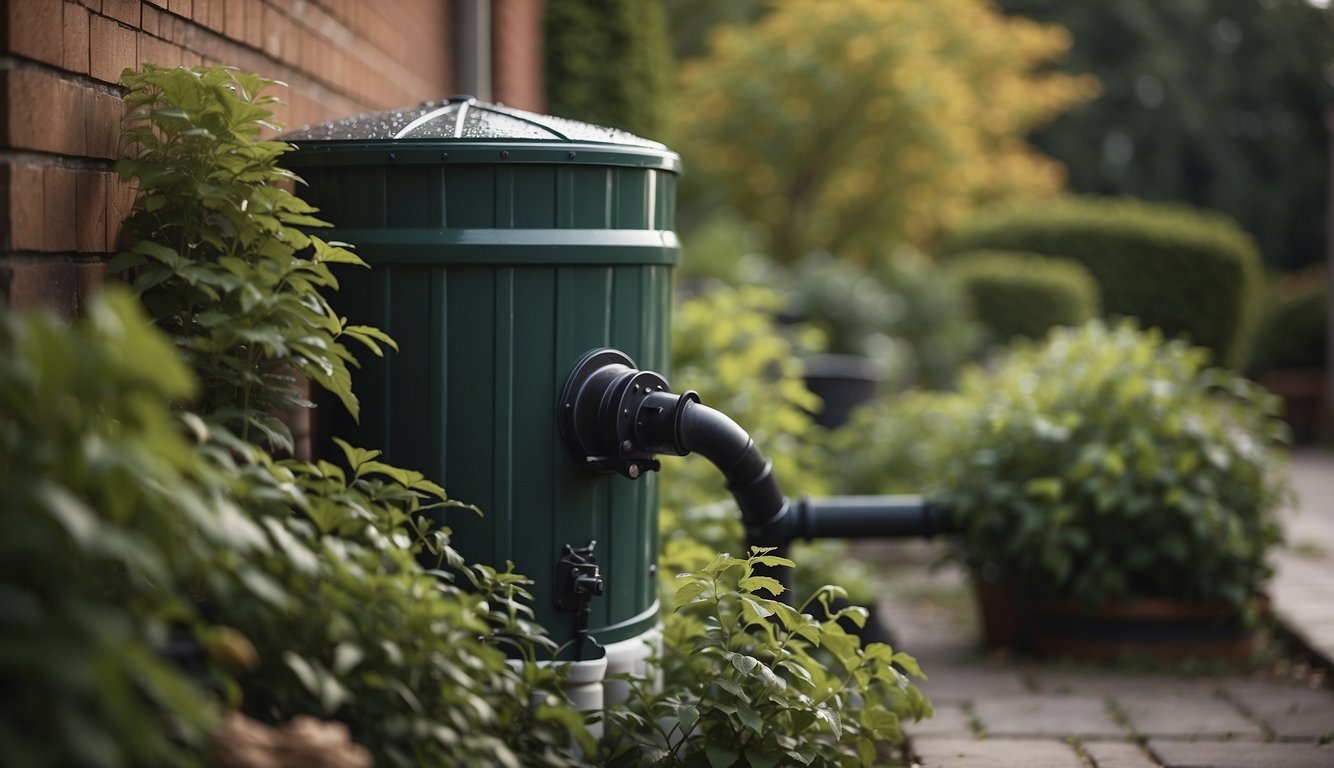 A rain barrel sits beside a downspout, connected by a diverter. The barrel collects rainwater from the gutter for use in the garden