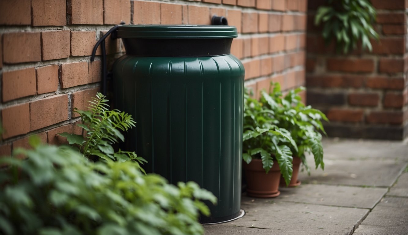 A rain barrel sits against a brick wall, connected to a downspout. Water flows from the spout into the barrel, which is surrounded by green plants