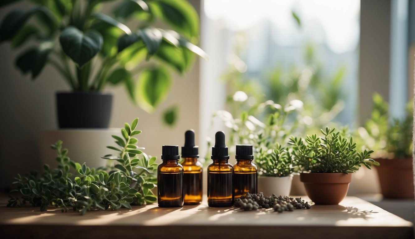 A room with open windows, plants, and a diffuser releasing essential oils. A clean and organized space with natural light and a sense of calm