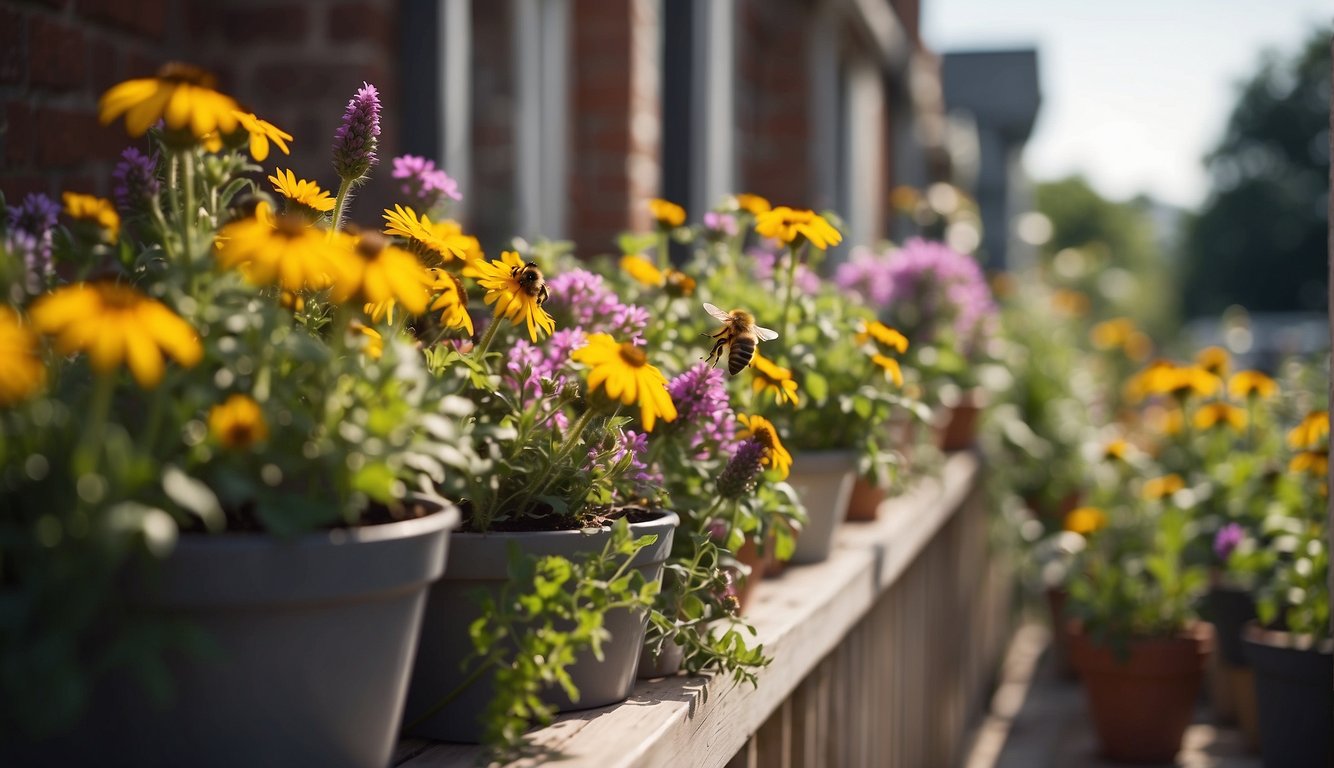 A balcony garden bursting with colorful flowers and buzzing with bees and butterflies. Various pollinator-friendly plants are arranged in pots and hanging baskets, creating a vibrant and inviting space for beneficial insects