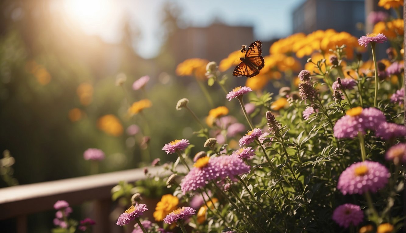 A balcony garden filled with colorful flowers and buzzing with bees and butterflies. Bird feeders and water sources are strategically placed to attract and support pollinators