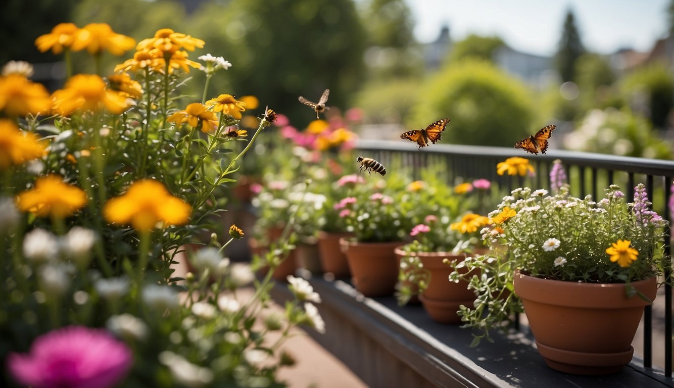 A colorful balcony garden with a variety of flowers and plants attracting pollinators such as bees and butterflies. Bird feeders and a small water feature provide additional attraction