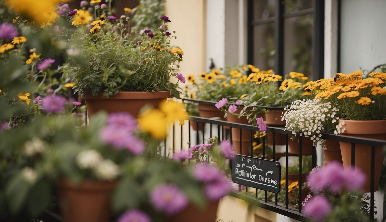 A colorful balcony garden with blooming flowers and buzzing pollinators. Various plants in pots and hanging baskets, with a sign reading "Pollinator-Friendly Balcony Gardens."