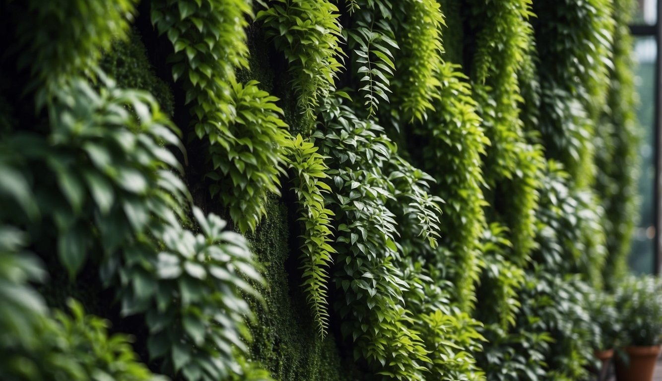 Lush green plants cascade down a textured wall, creating a vibrant and visually appealing vertical garden
