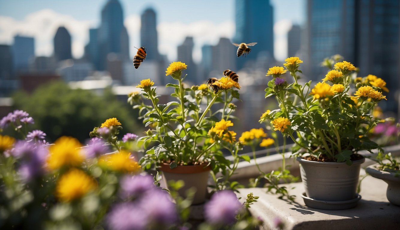 A bustling cityscape with high-rise buildings and balconies adorned with vibrant, pollinator-friendly gardens. Bird feeders and flowering plants attract bees and butterflies amidst the urban hustle