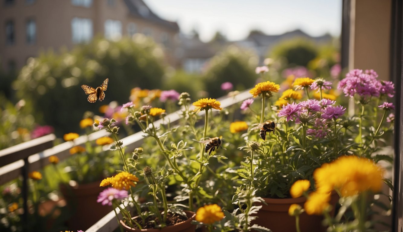 A balcony garden filled with colorful flowers and buzzing with pollinators. A variety of plants, including native species, provide food and shelter for bees, butterflies, and other beneficial insects