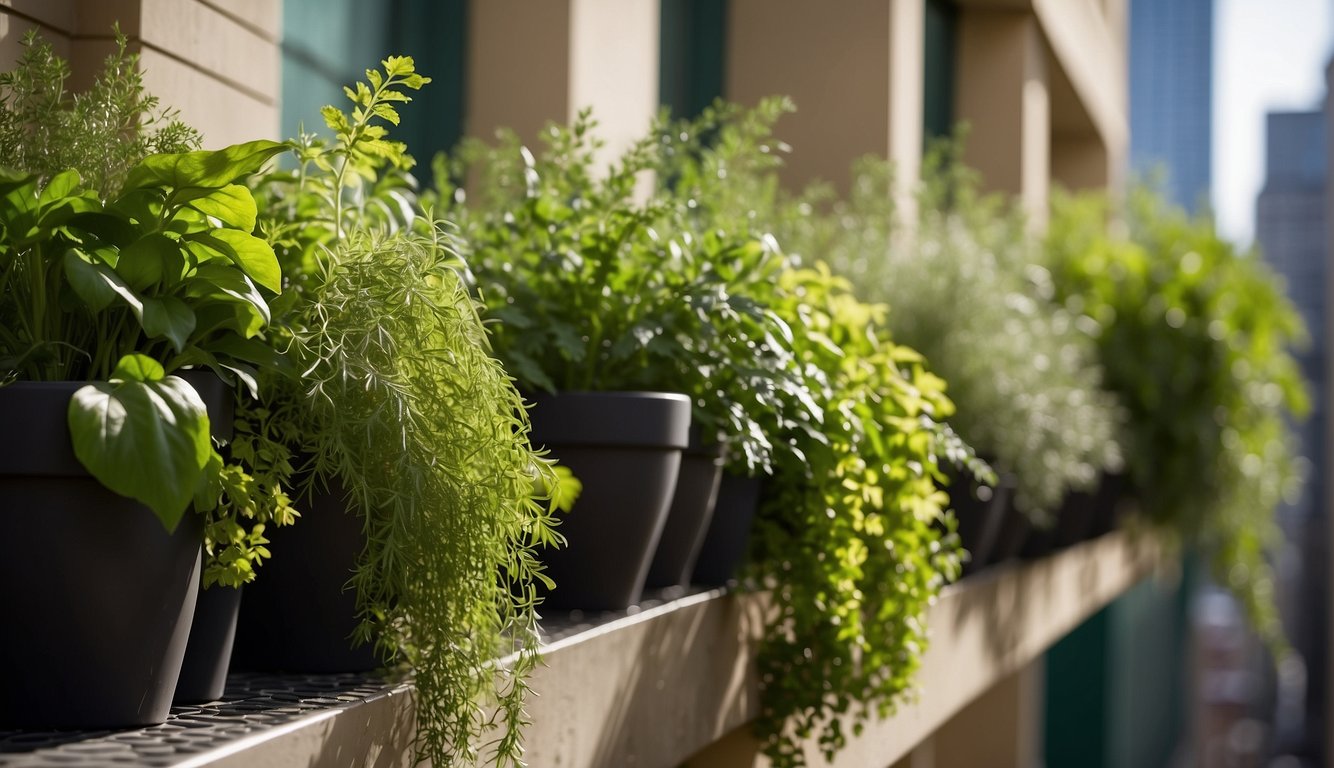 Lush herbs cascade from vertical planters on urban balconies. Greenery spills over the edges, creating a vibrant and verdant display