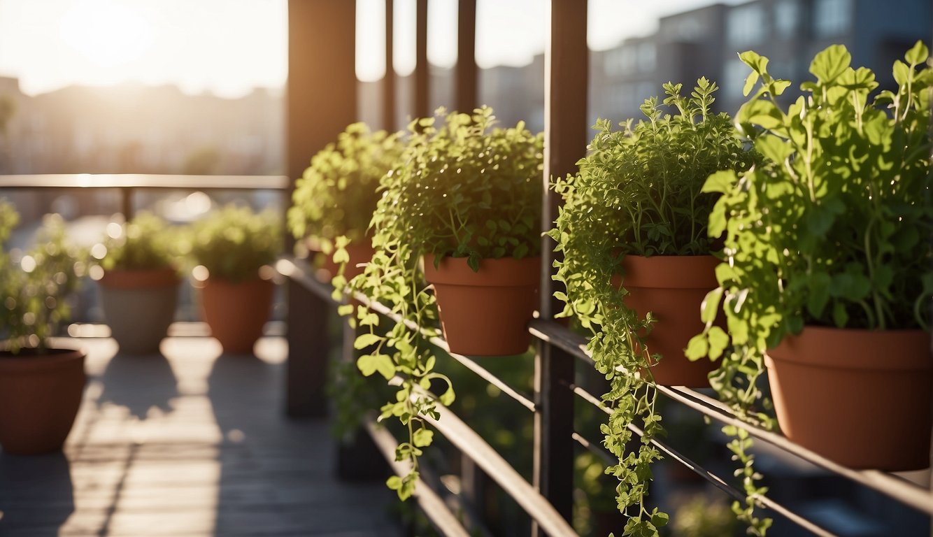 A balcony with vertical herb gardens, pots hanging from railings, and a variety of herbs like basil, rosemary, and mint growing in the sunlight