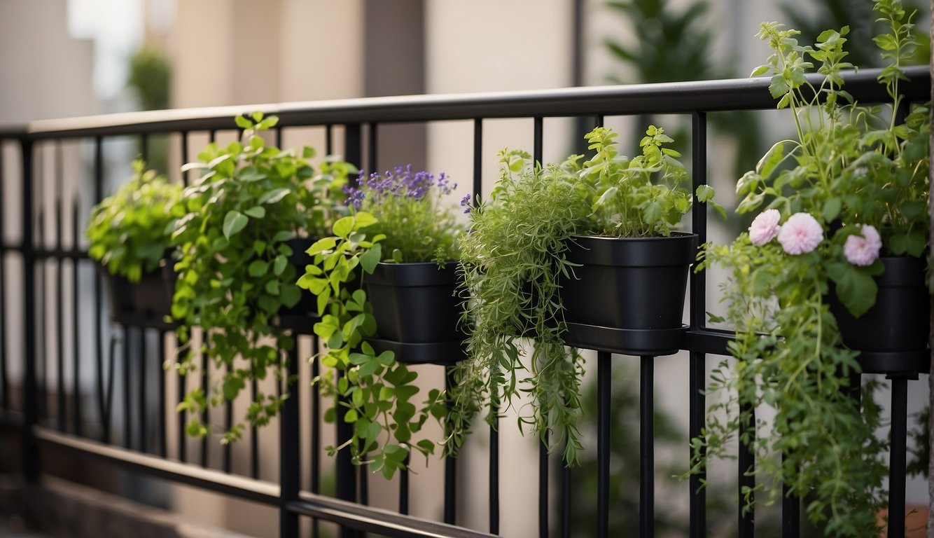 A balcony with multiple vertical herb gardens, filled with various green herbs and flowers, hanging from the railing and wall