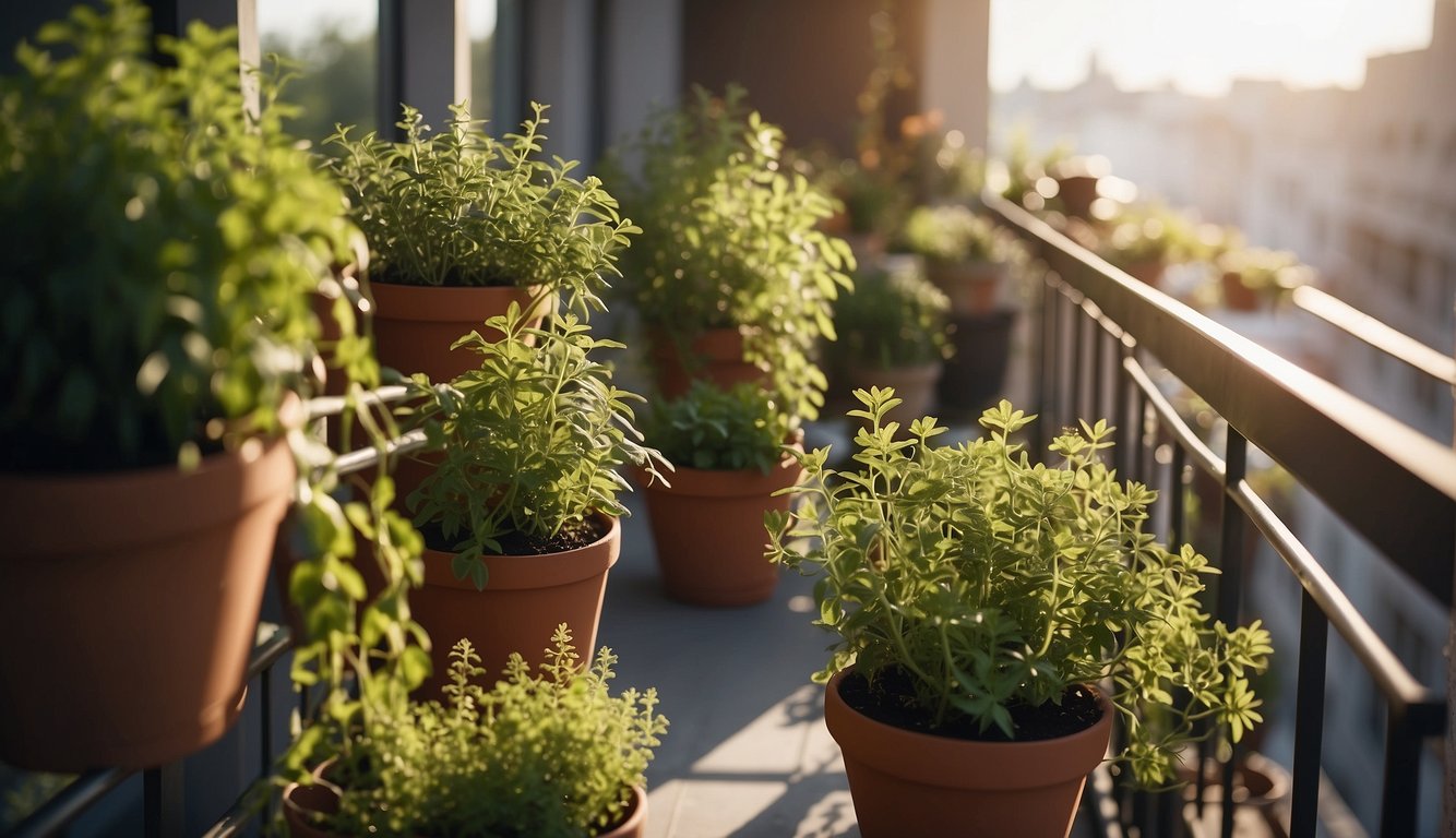 A balcony with vertical herb gardens, pots hanging from railings, and a variety of herbs growing in the sunlight