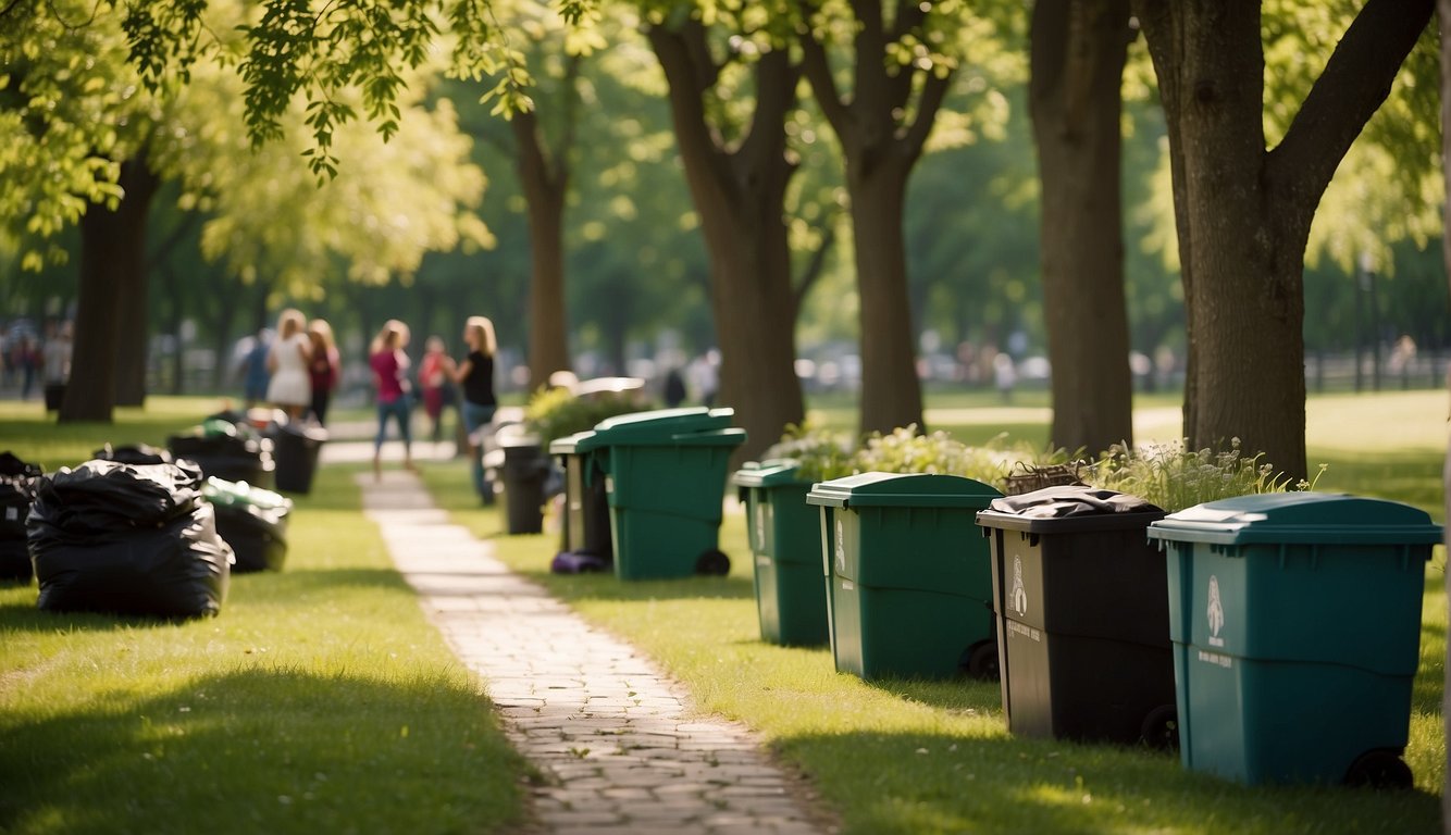 A serene park with people recycling and upcycling items. Bins are labeled for different materials. Trees and grass are lush and green