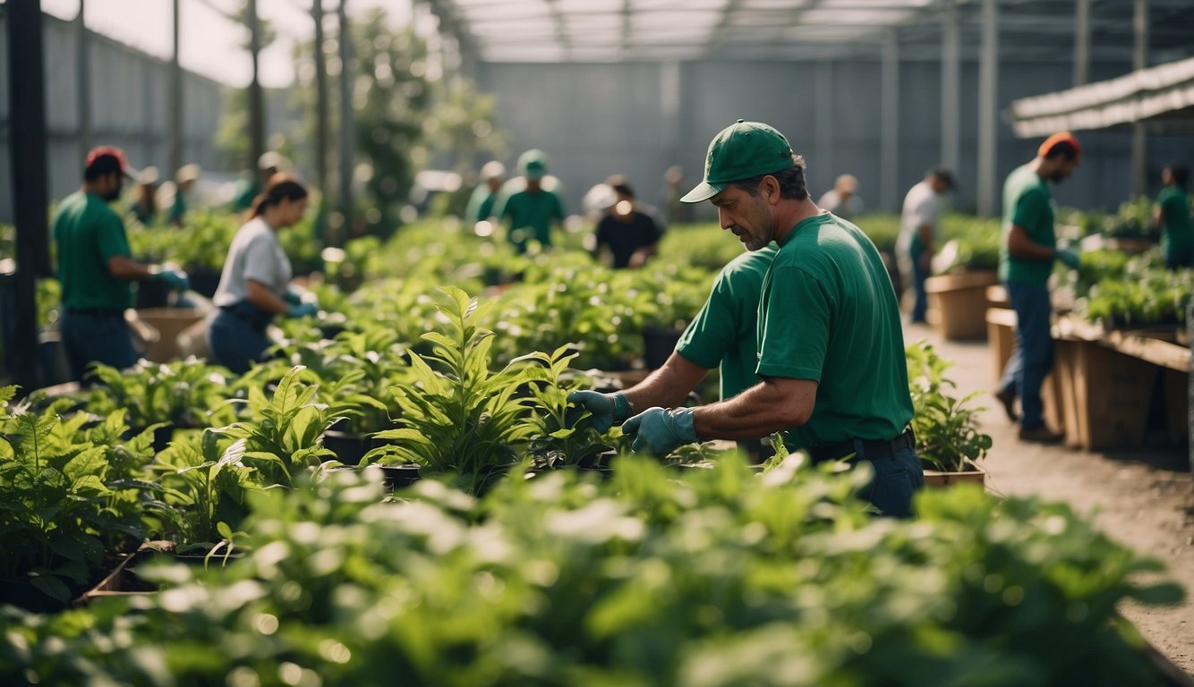 Vibrant green plants and trees surround a recycling center, with workers repurposing materials