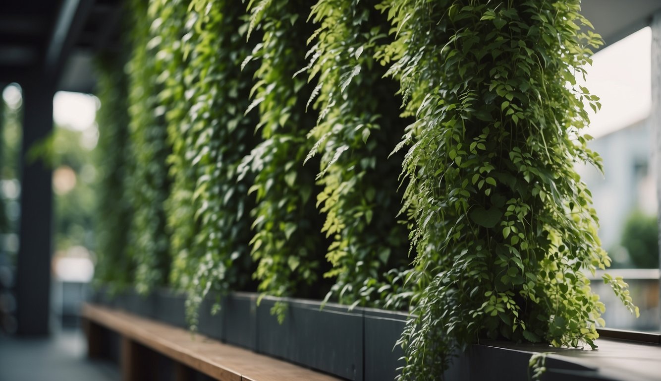 Lush green plants cascade down a vertical garden, purifying the air and adding beauty to the urban landscape