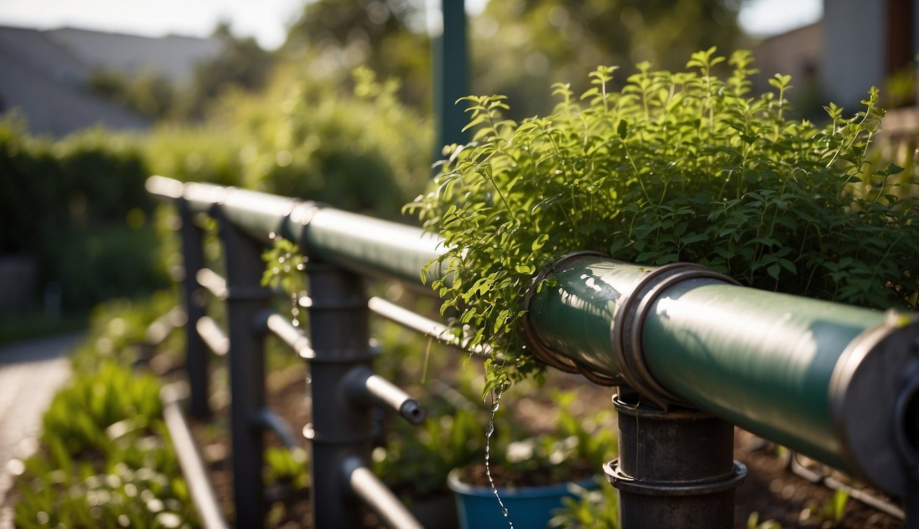 Rainwater flows from gutters into large barrels. Pipes connect to irrigation systems in a lush urban garden. Native plants thrive in the sustainable oasis
