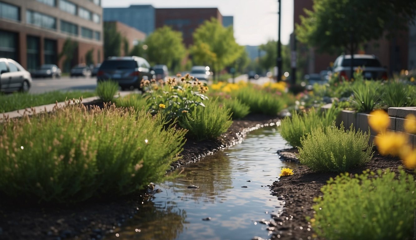 A rain garden with native plants and permeable surfaces collects rainwater in an urban landscape