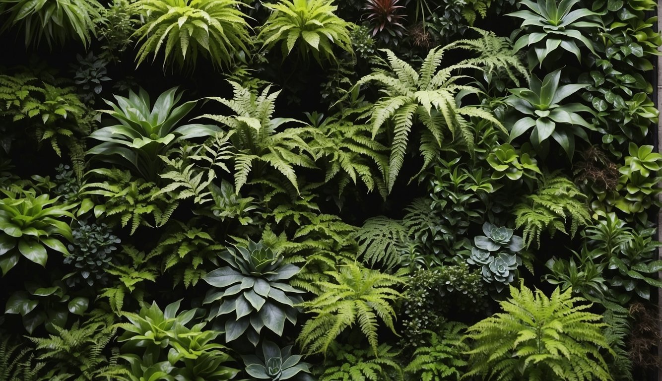 Lush greenery cascades down a tall wall, featuring a variety of plants such as ferns, succulents, and trailing vines in a vibrant vertical garden display