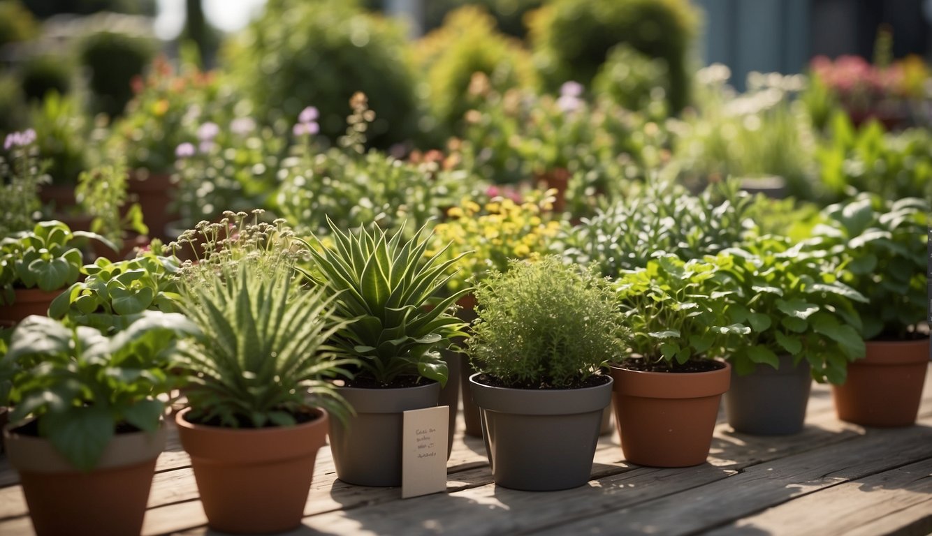 A variety of plants arranged vertically in a garden setting, with labels indicating they are specifically chosen for vertical gardening