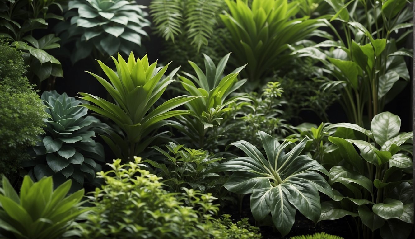 A variety of lush green plants are arranged vertically in a sleek, modern garden display. Different textures and shades create a visually appealing and vibrant scene