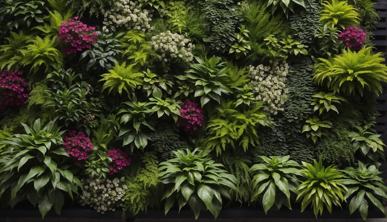 Lush green plants arranged vertically on a wall, creating a vibrant and natural display. Various types of foliage and flowers add color and texture to the vertical garden