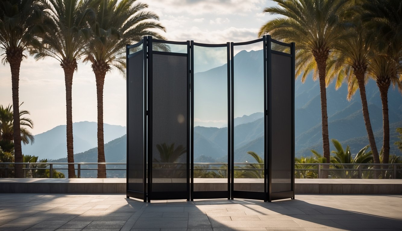 A modern privacy screen stands tall, its sleek design and aesthetic appeal blending seamlessly with the surrounding environment. It withstands the strong gusts of wind, remaining steady and resistant