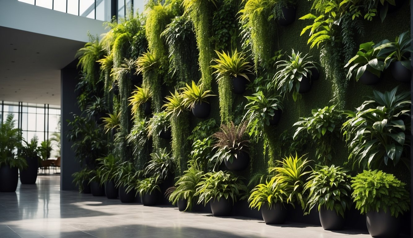 Lush greenery cascades down a sleek, modern wall, creating a vibrant and visually striking vertical garden. The contrast of natural foliage against the clean lines of the architecture enhances the overall aesthetic appeal