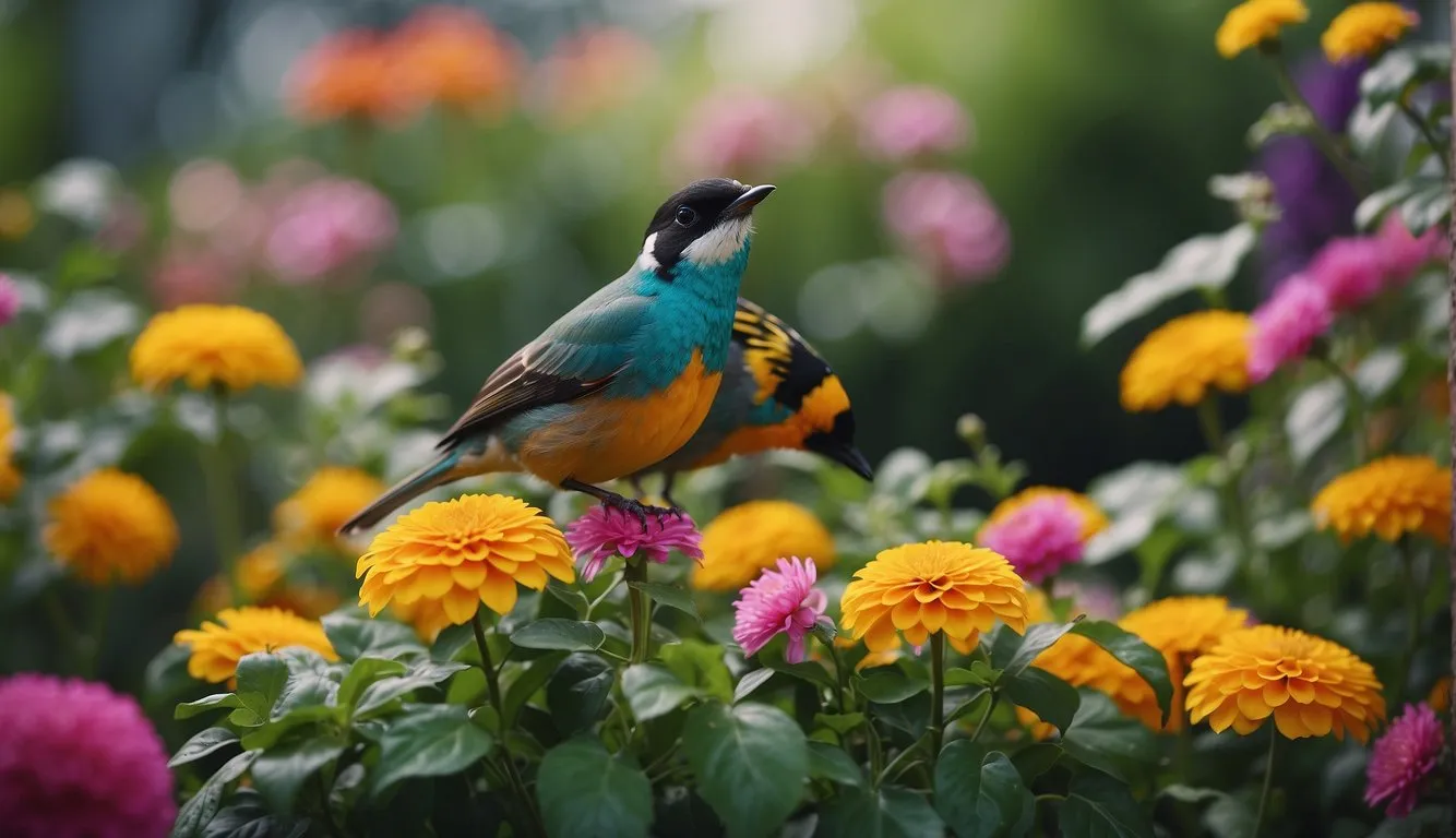 Colorful birds flock to a blooming balcony garden, attracted by the vibrant flowers and lush greenery. Butterflies flutter among the plants, adding to the lively scene