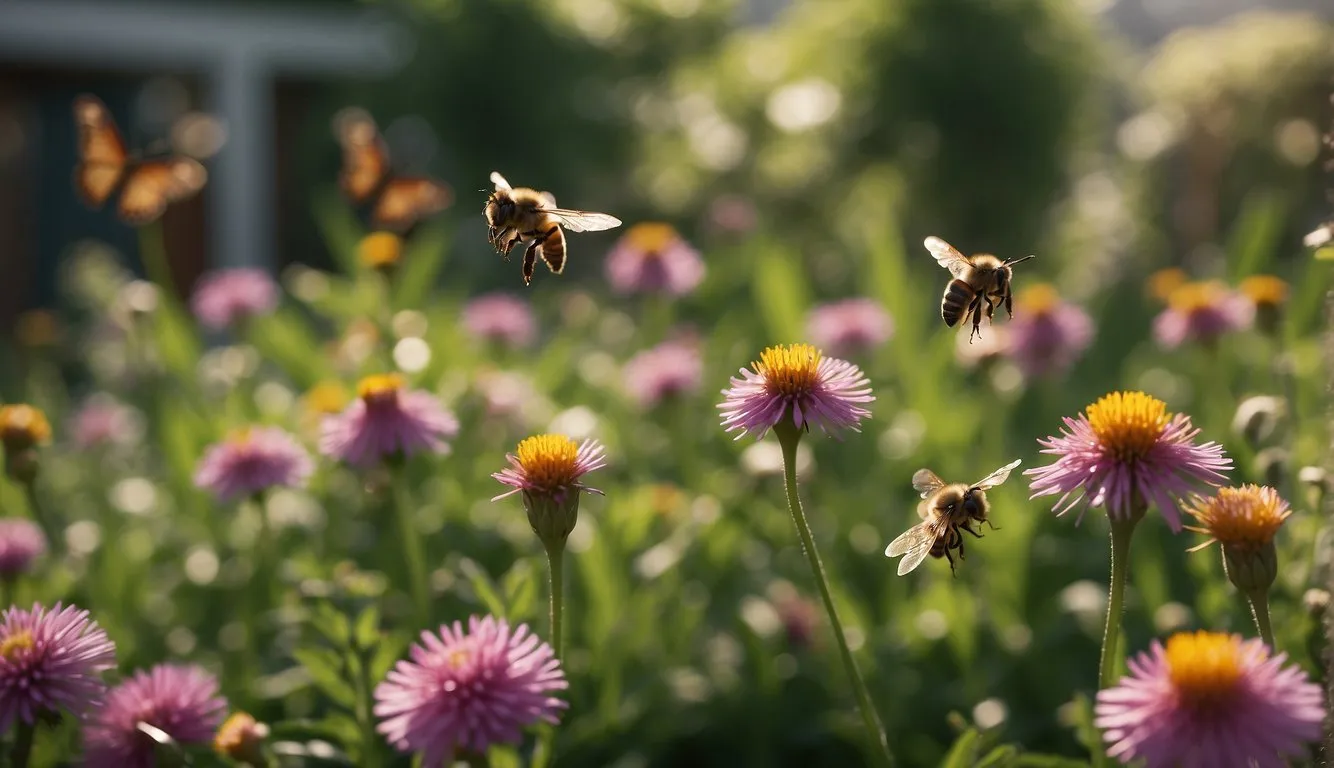 Lush balcony garden with vibrant flowers and buzzing bees. Birds flit among the greenery, while butterflies dance in the air. A small pond attracts frogs and dragonflies, completing the thriving ecosystem