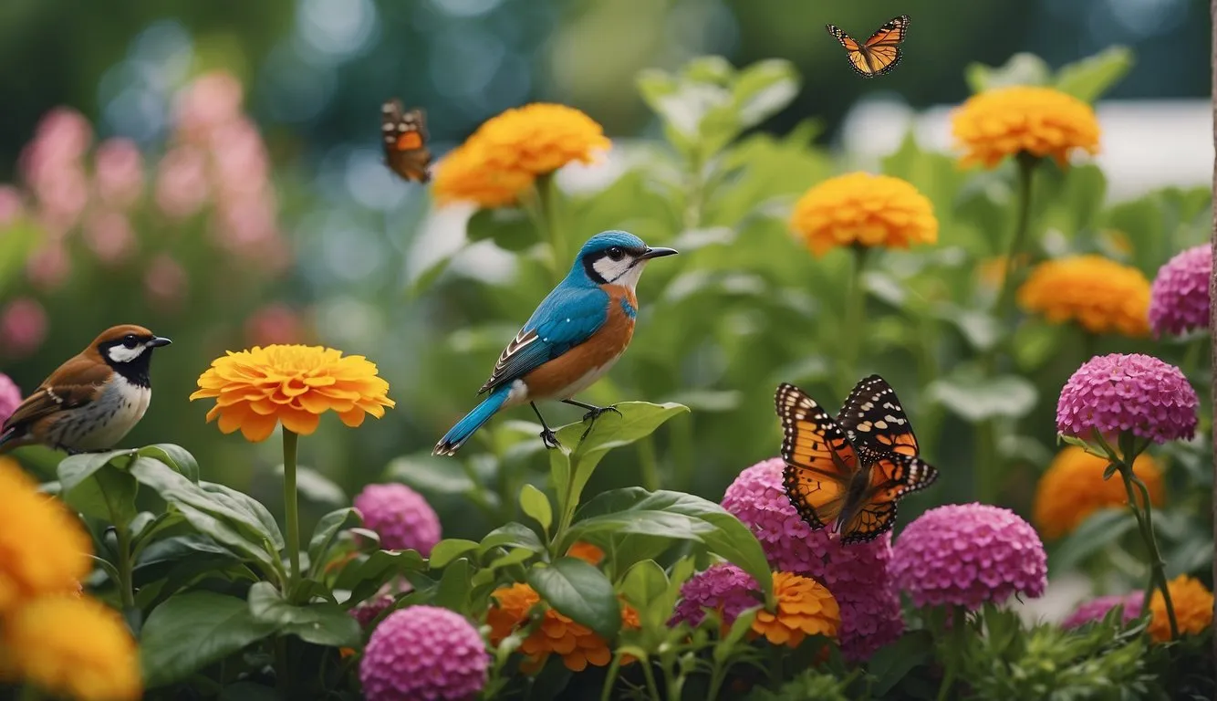 A variety of birds and butterflies flock to the vibrant flowers and lush greenery of the balcony garden, creating a lively and colorful wildlife attraction