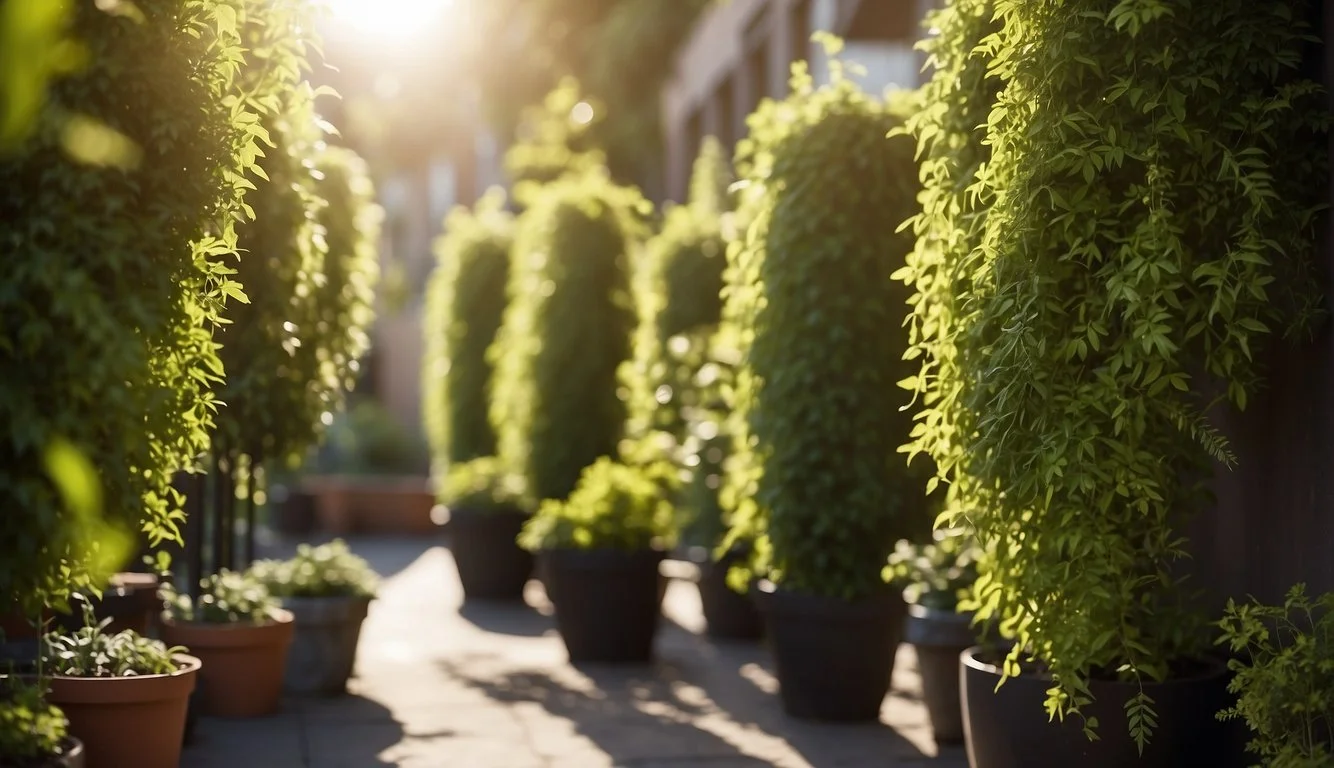 Lush green plants hang from vertical planters, basking in sunlight. A gardener waters and prunes the vibrant foliage, maintaining the verdant display