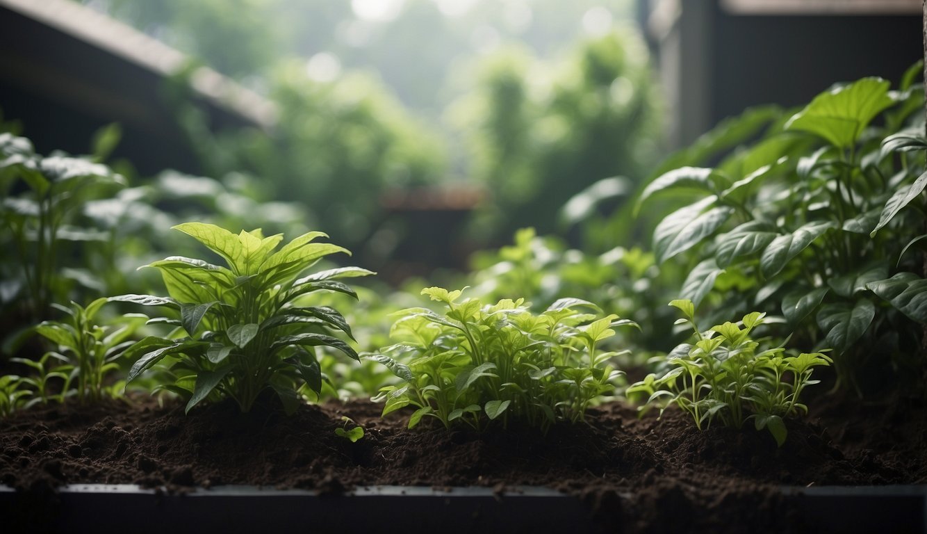 Lush green plants hang from vertical structures, surrounded by carefully tended soil and watered with a gentle mist