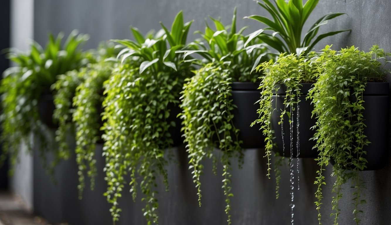 Lush green plants cascade down a sleek, modern wall. Dripping water tubes and carefully placed pots ensure each plant gets the care it needs