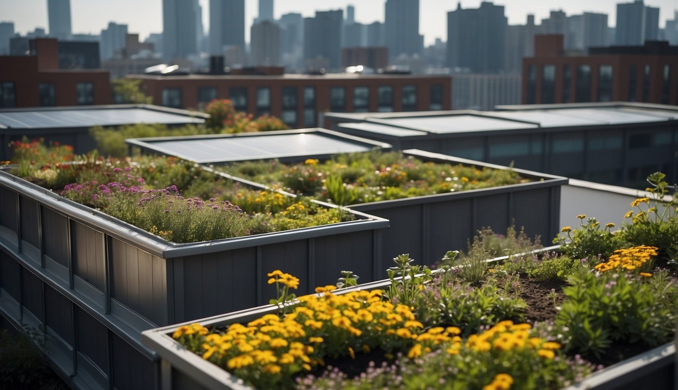 City apartments with green roofs, plants and flowers thriving, solar panels, and rainwater harvesting systems. The buildings are surrounded by a bustling urban environment