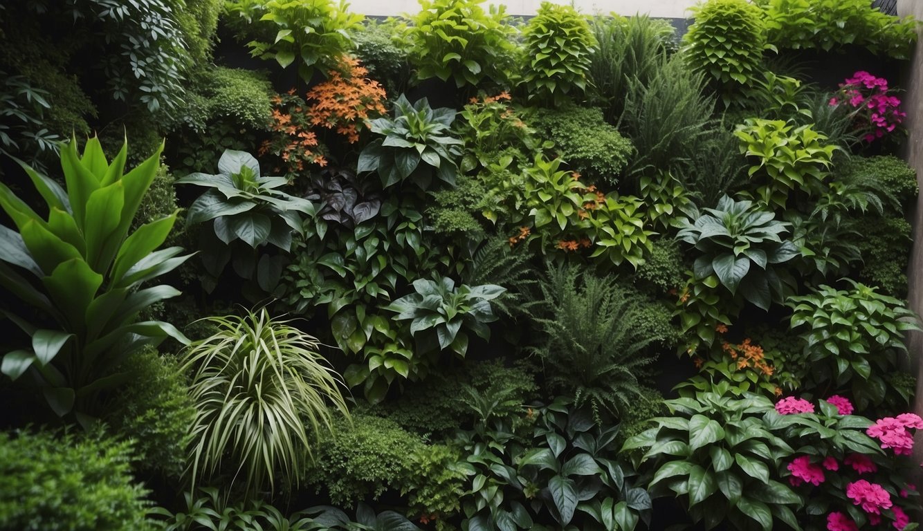 Lush, vibrant plants arranged in a vertical garden, carefully managed for aesthetic appeal. Colors and textures enhance the overall visual impact