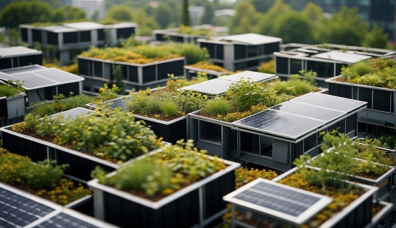 City apartments with lush green roofs, solar panels, and rainwater collection systems. A sustainable and eco-friendly solution for urban living