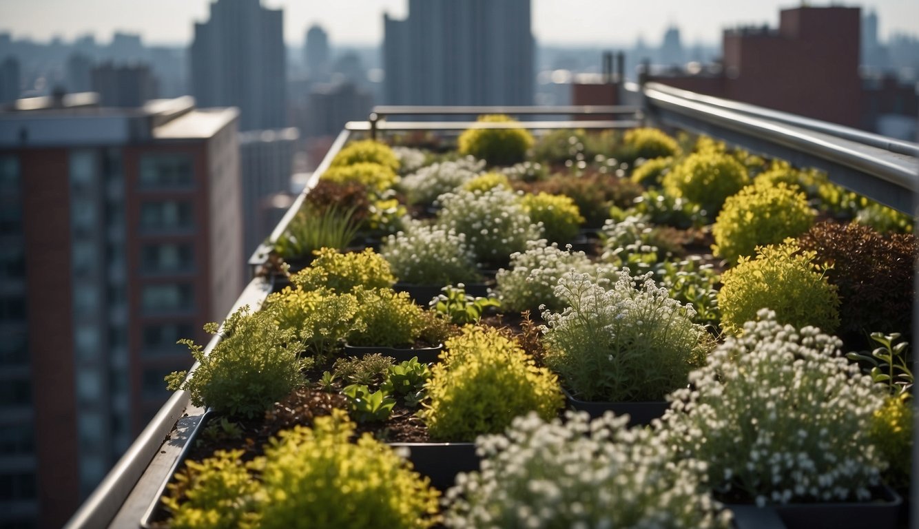 City apartments with green roofing, supported by structural installation. Rooftop garden with plants and trees, providing environmental benefits