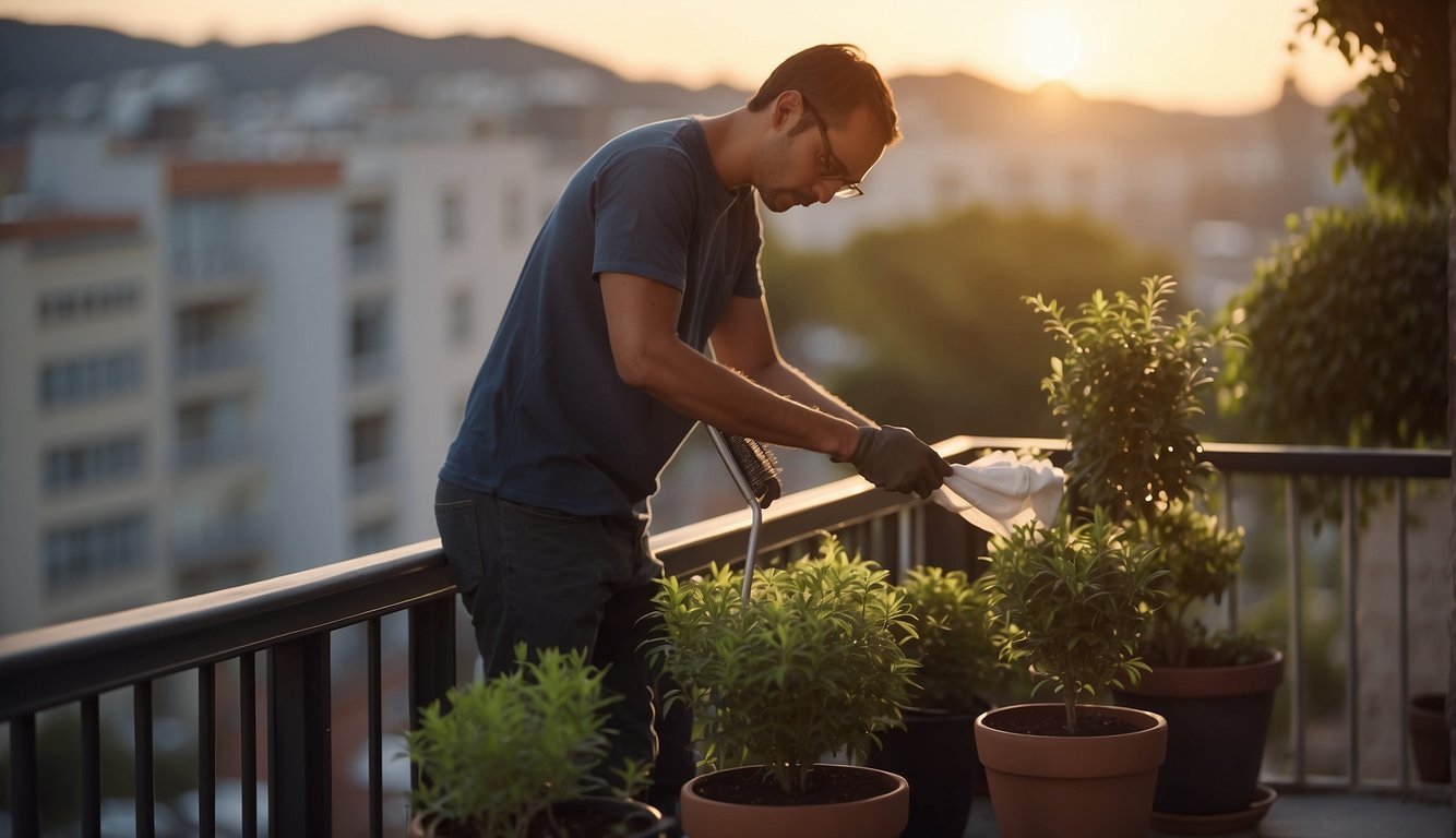 A person on a balcony, cleaning and inspecting a screen for debris and damage, using a brush and a cloth. A potted plant sits nearby