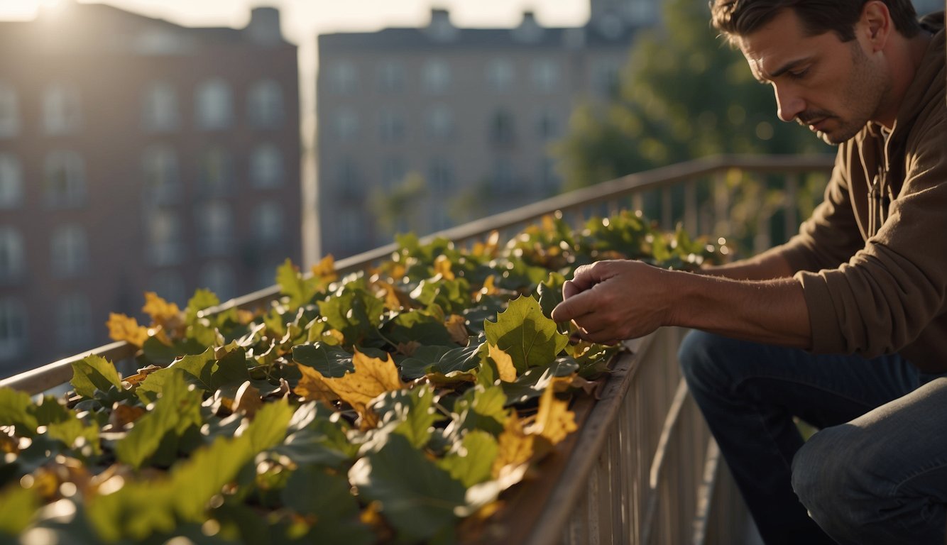 A person sweeps leaves off a balcony screen, checks for tears, and tightens any loose fasteners