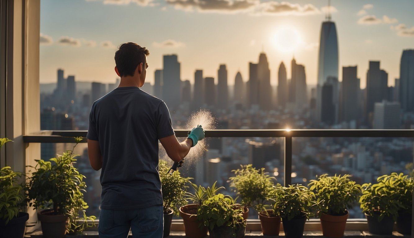 A person standing on a balcony, cleaning a screen with a brush and soapy water, surrounded by potted plants and a view of the city skyline