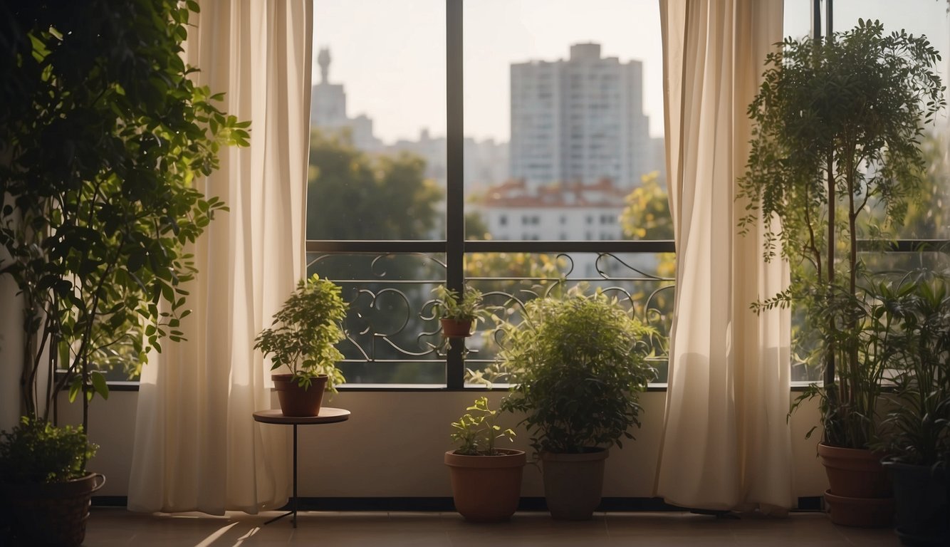 A balcony with a tall potted plant, hanging curtains, and a folding screen for privacy