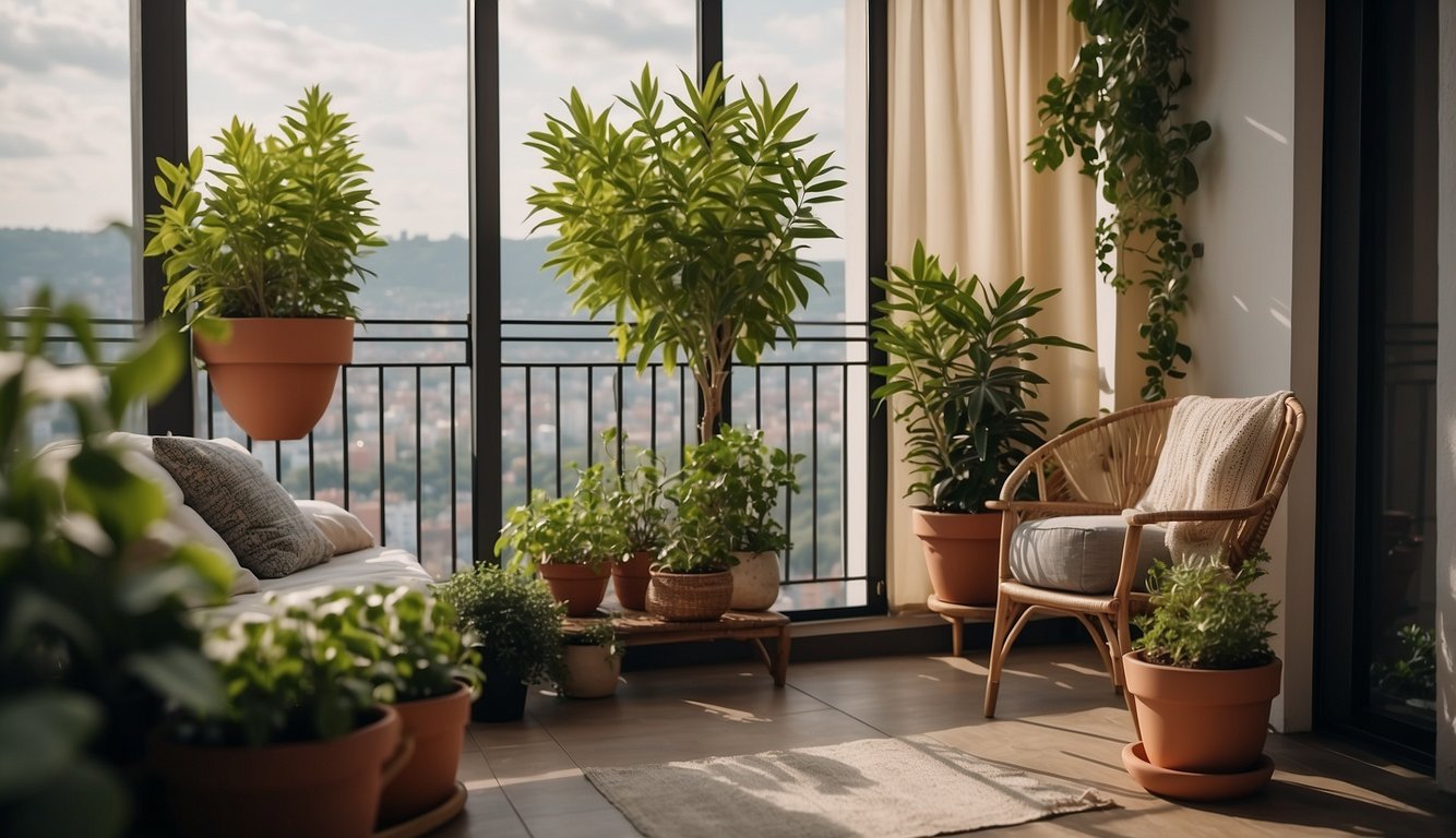 A balcony with tall potted plants and hanging curtains for privacy. A small table and chairs with cozy cushions