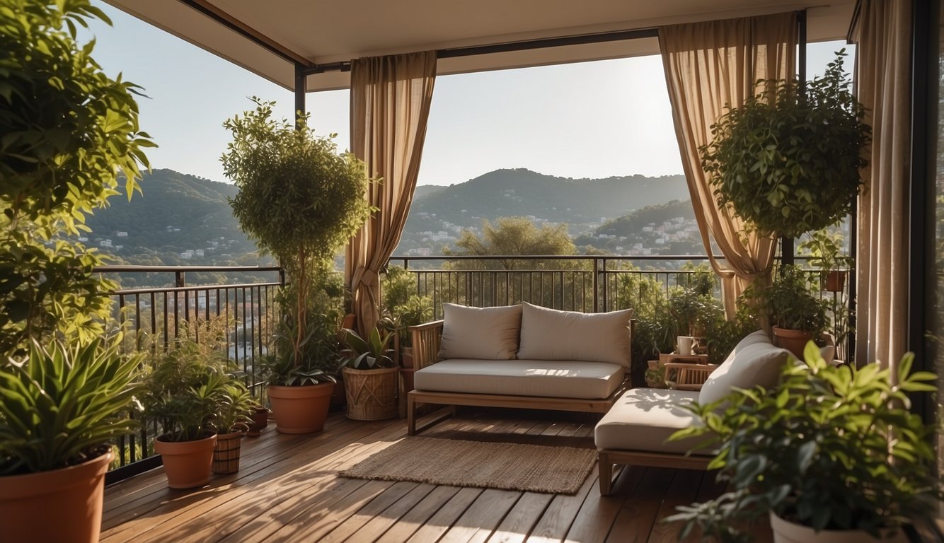 A balcony with various privacy solutions, such as hanging curtains, potted plants, and bamboo screens, creating a cozy and secluded outdoor space