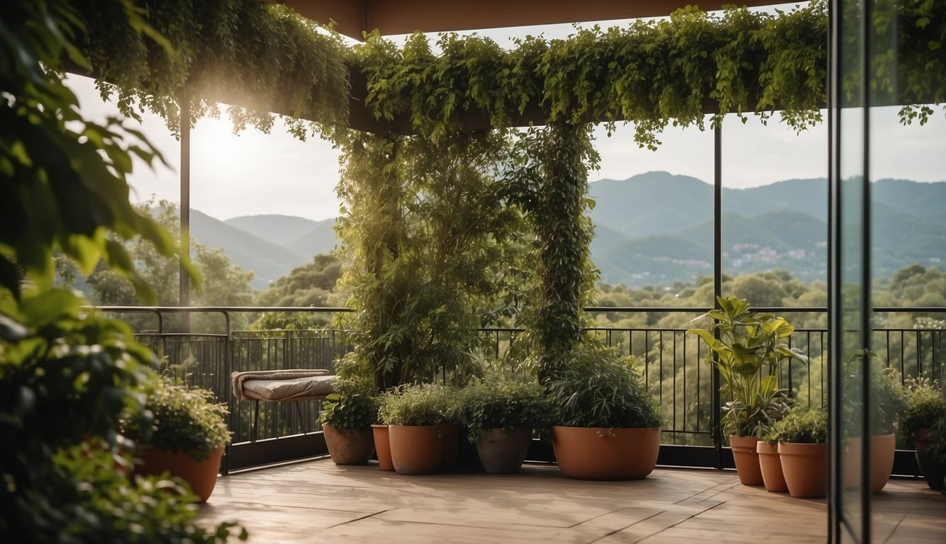 A balcony with a temporary privacy screen, surrounded by lush greenery, creating a secluded and intimate space for maintaining privacy and relationships