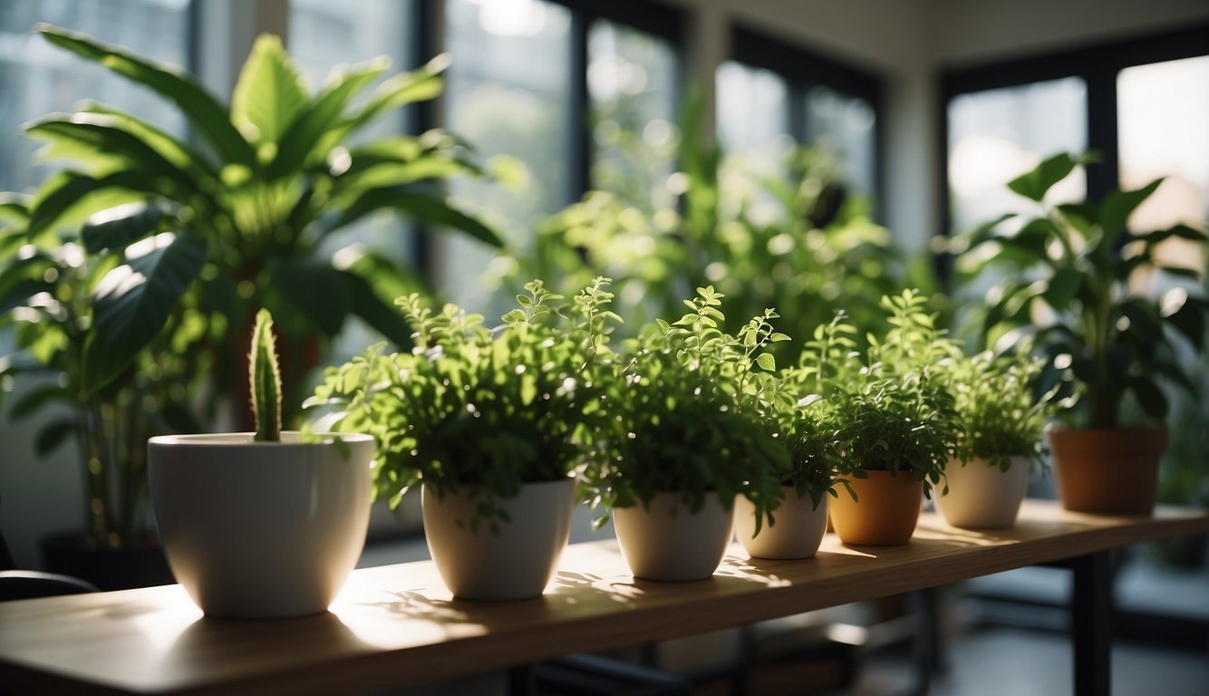 Lush green plants fill a sunlit room, nestled among modern furniture and soft lighting, creating a serene and harmonious indoor garden space