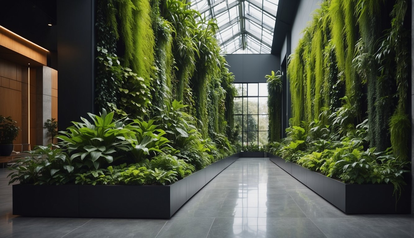 Vibrant greenery cascades down a sleek, modern vertical garden, creating a visually stunning and aesthetically pleasing display. The lush foliage is carefully arranged to enhance the overall beauty of the space